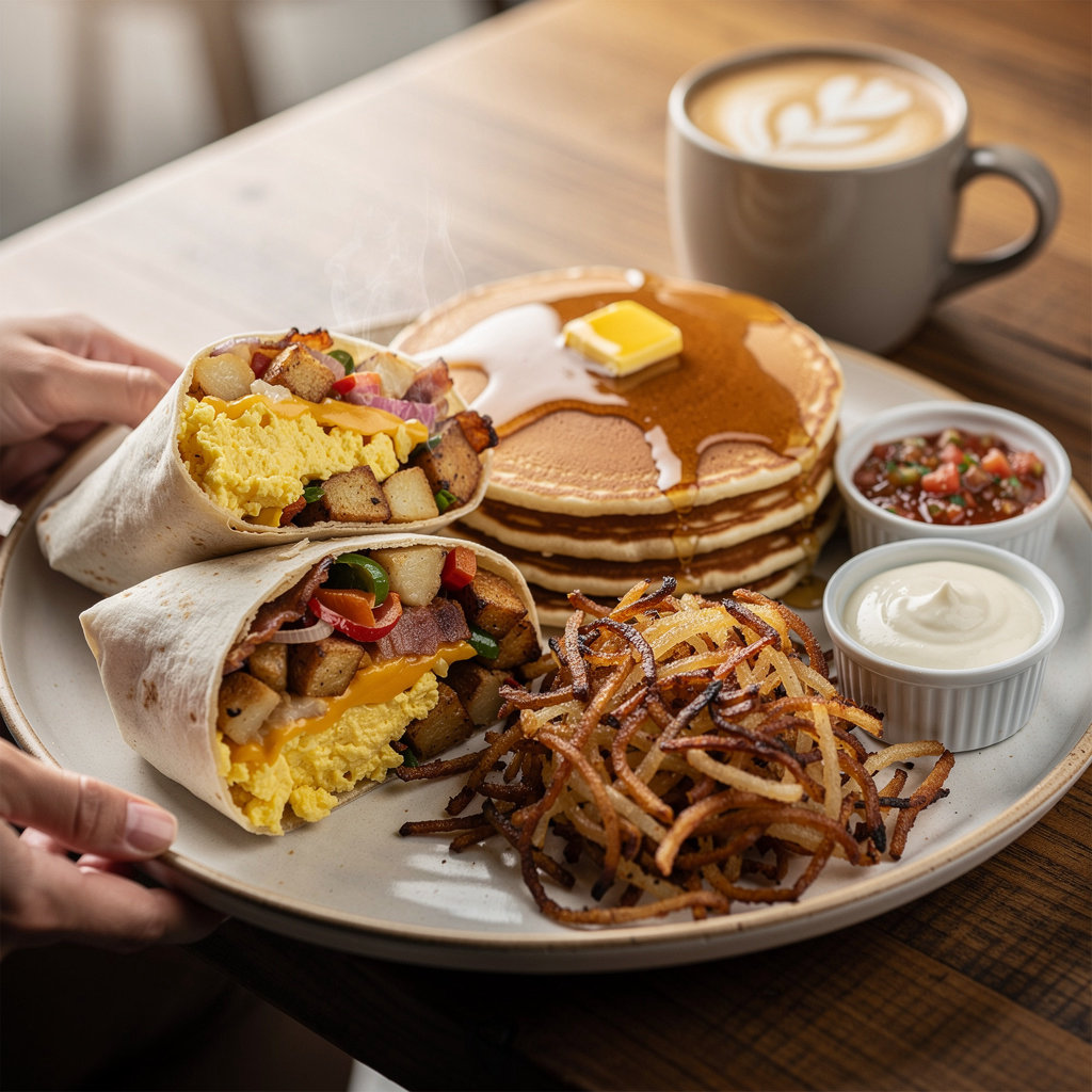 Morning Brew Portland loaded breakfast items including bagels, French toast, and fresh fruit