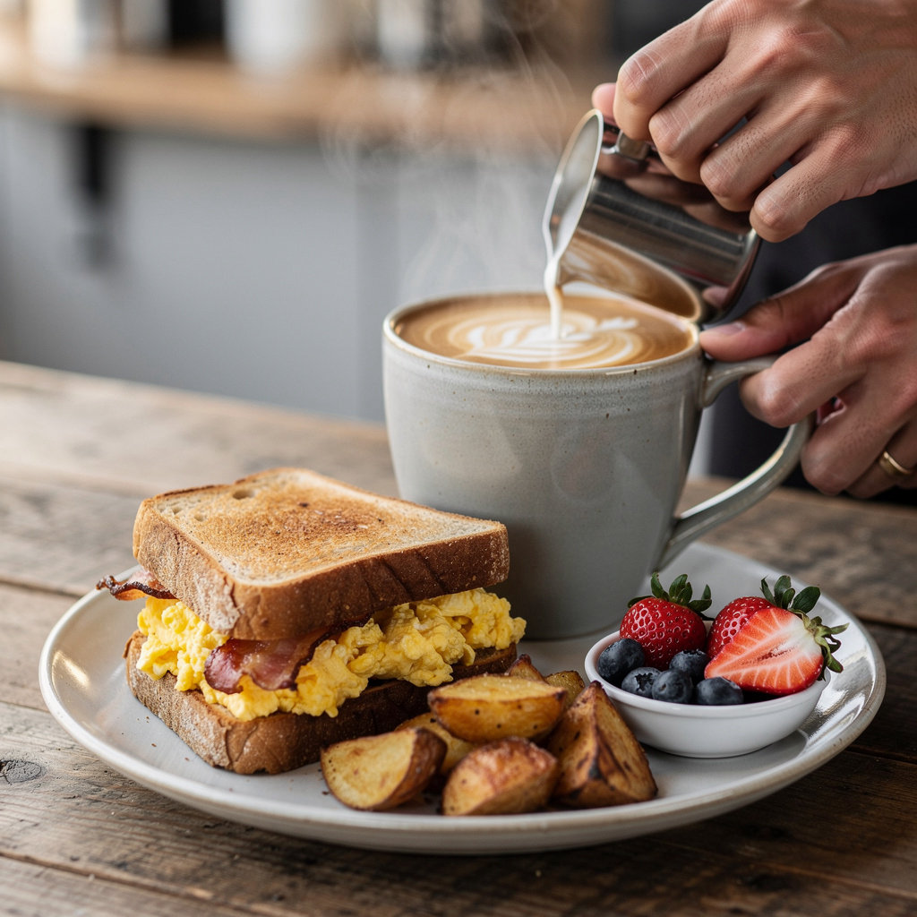 Morning Brew Portland signature menu items including loaded bagels, French toast, and specialty coffee drinks